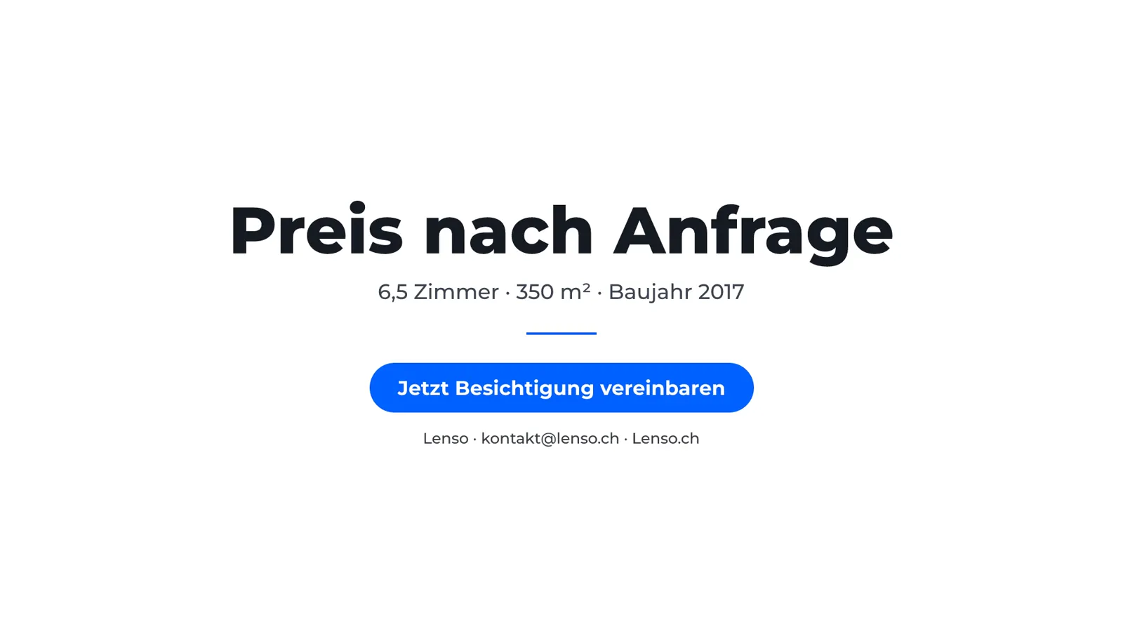 Abschlusskarte eines Lenso-Videos mit Logo, Preis, Eckdaten, Besichtigungs-Button und Kontaktdaten